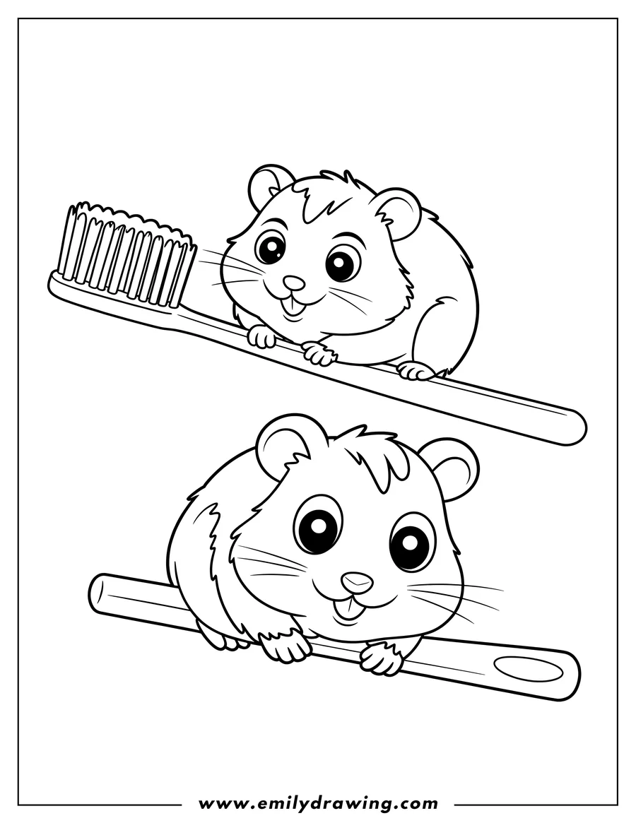 Two hamsters sitting on toothbrushes.