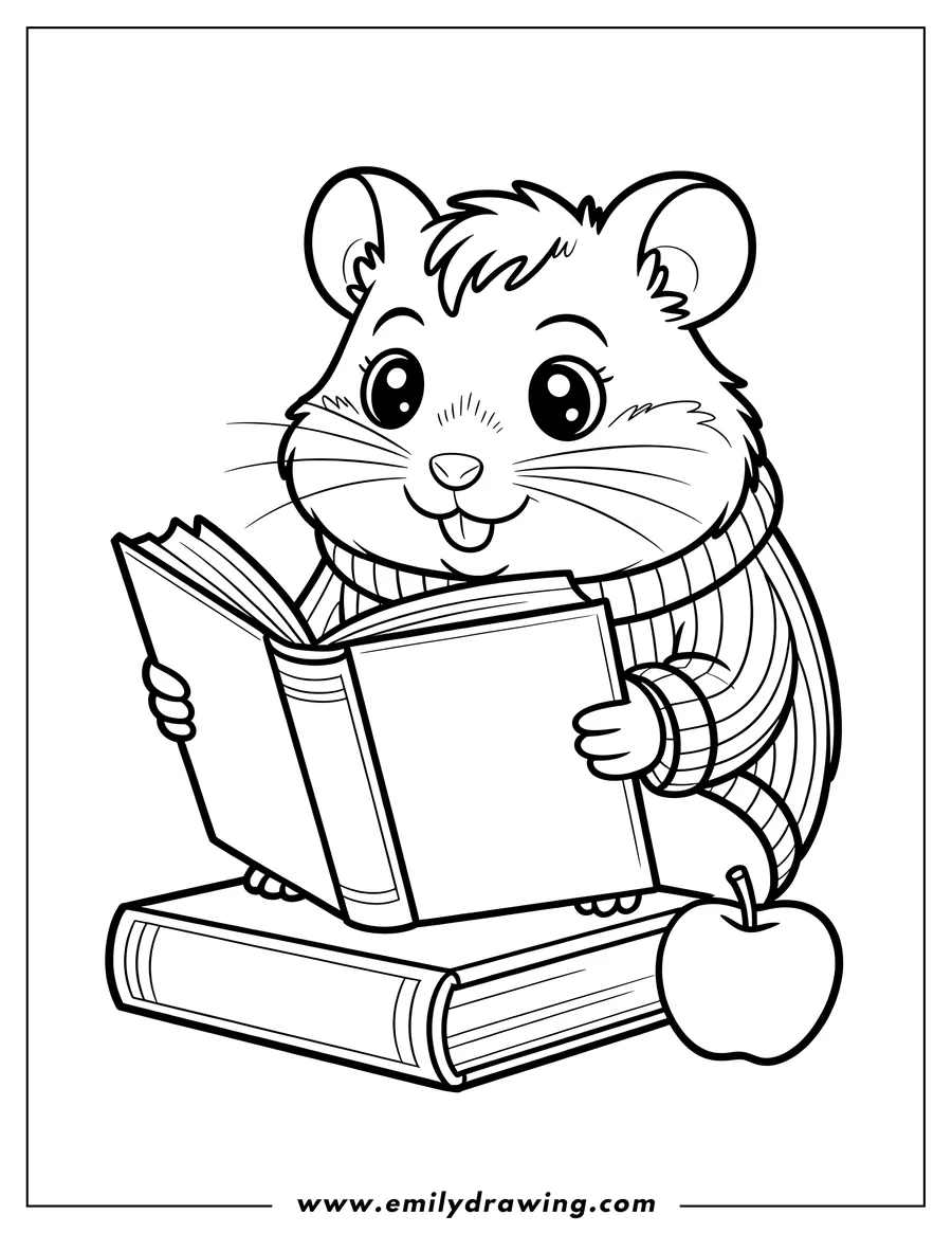 Outline of a hamster wearing a striped sweater, holding an open book and reading. A larger closed book and an apple sit beside the hamster.