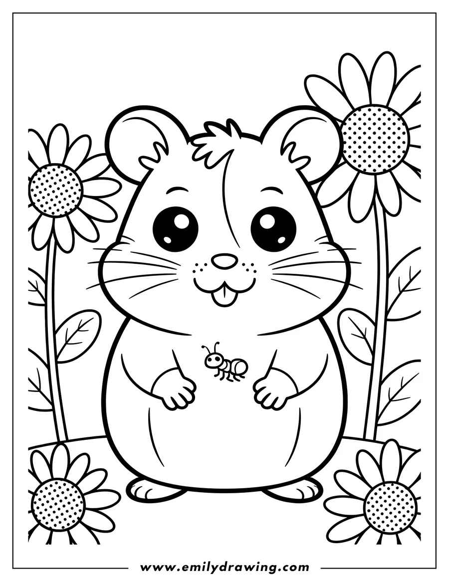 Outline of a hamster with an ant on its tummy, surrounded by flowers.