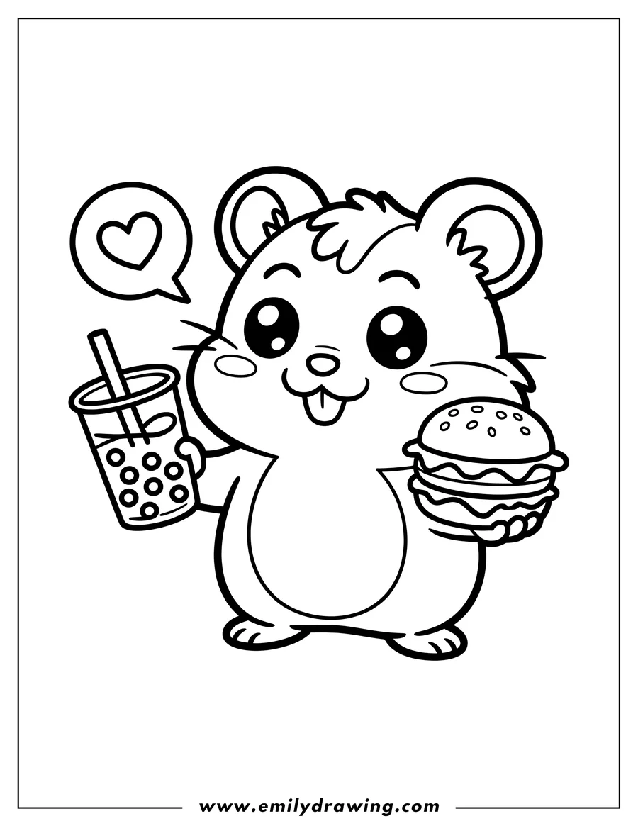 Outline of a hamster holding a burger and a boba tea drink. A heart floats above the hamster's head.