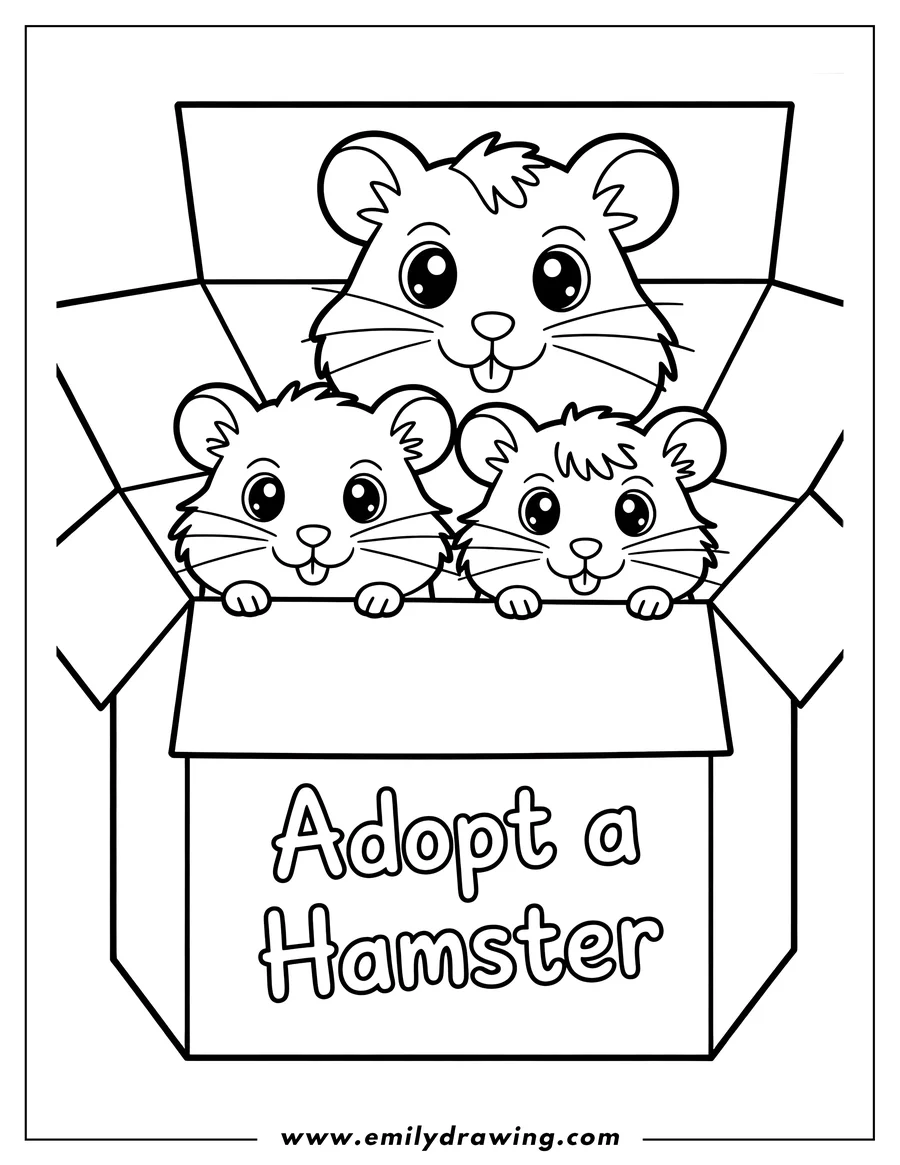 Outline of three hamsters peering out of a cardboard box labeled