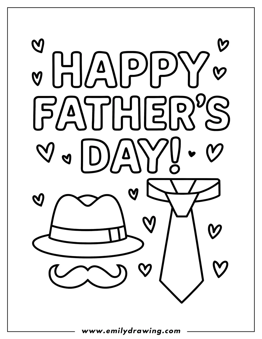 Outline of a Father's Day design with a hat, mustache, and tie, along with the words 'Happy Father's Day'.
