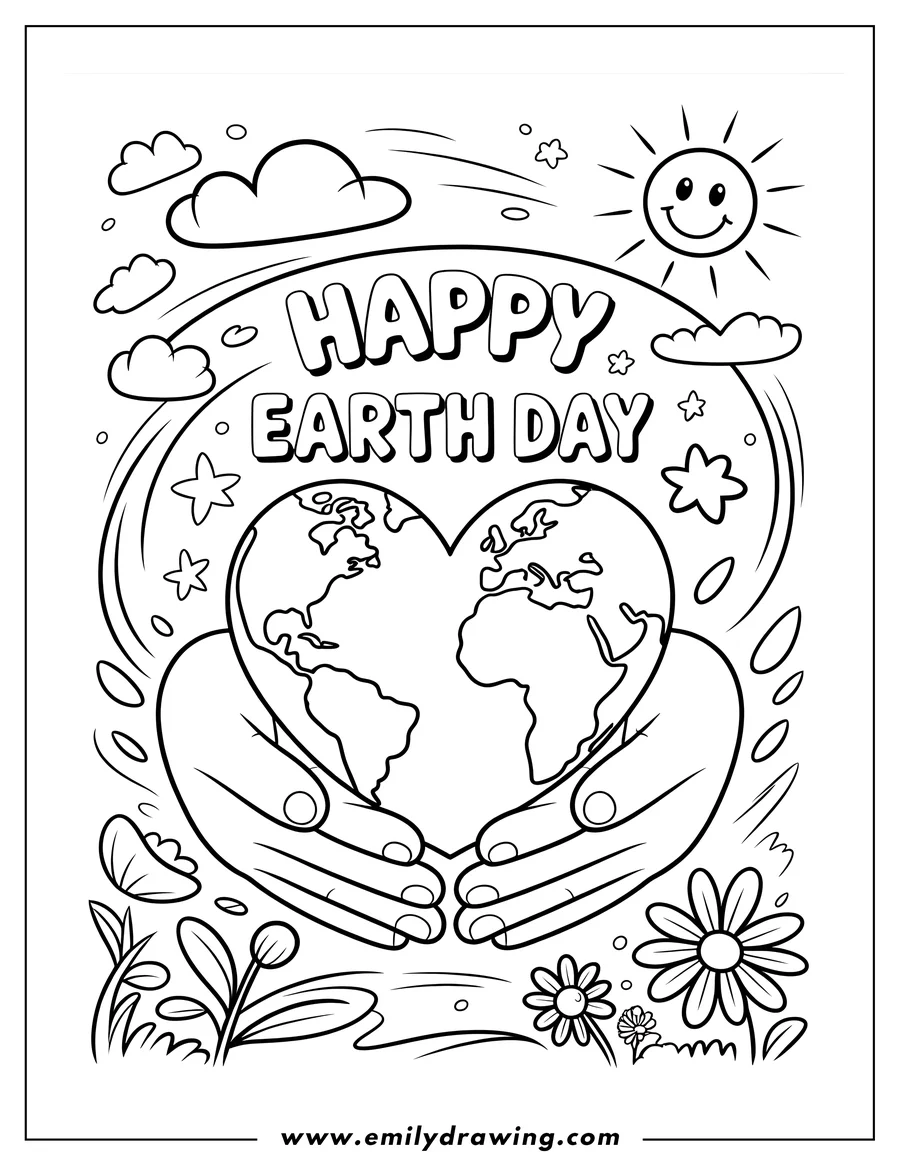Line art of two hands holding a heart-shaped Earth. Flowers, clouds, and a smiling sun surround it.