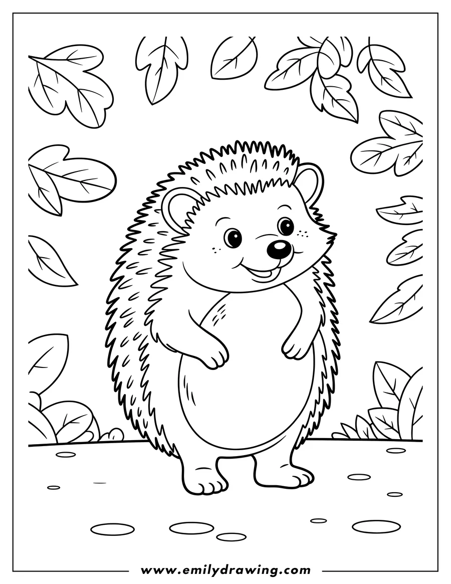 Outline of a friendly hedgehog standing on the ground, surrounded by leaves.