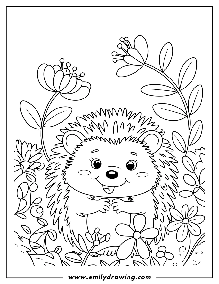 Outline of a happy hedgehog standing in a patch of flowers. It has its arms folded and is smiling.