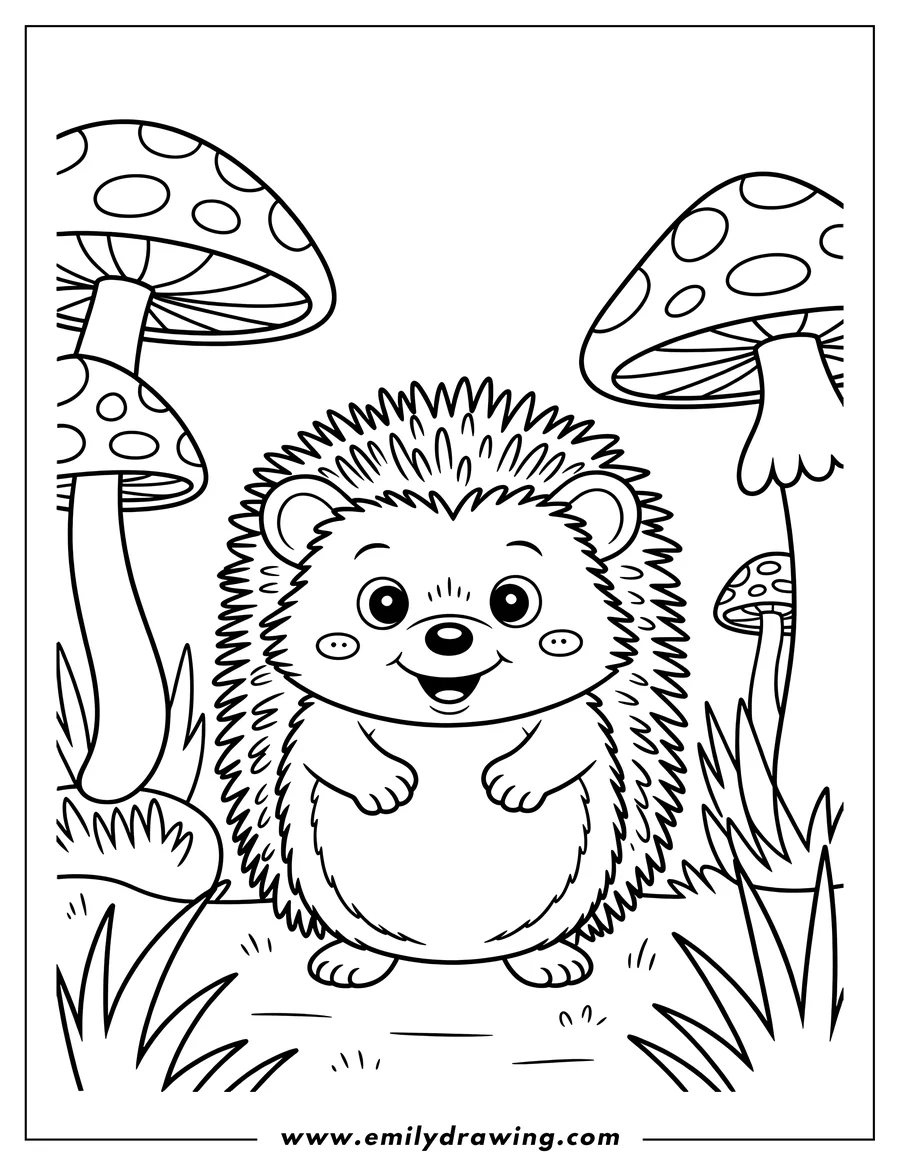 Outline of a happy hedgehog standing near two large spotted mushrooms and some grass.