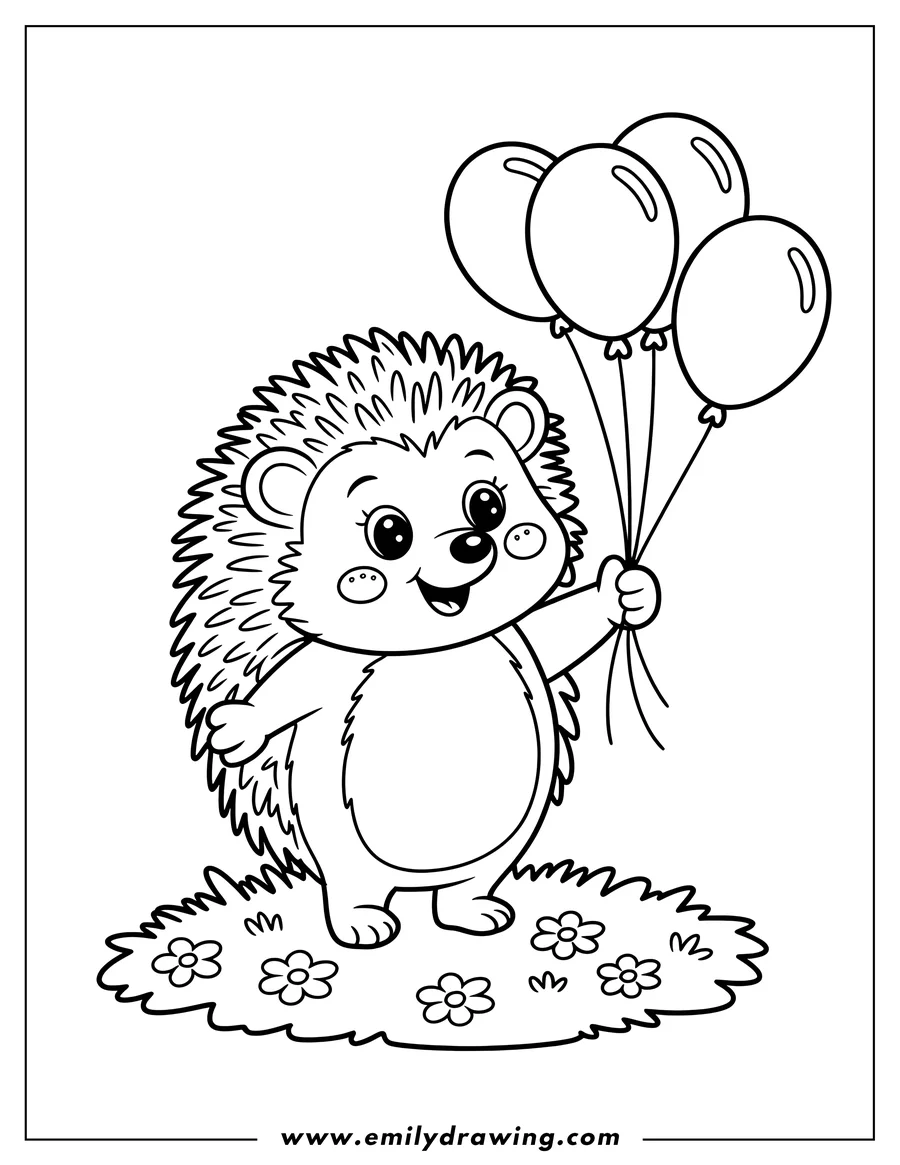 Outline of a hedgehog holding a bunch of balloons, standing in a grassy patch with small flowers.