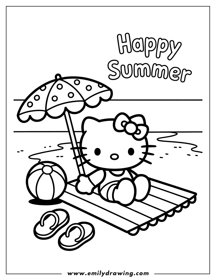 Hello Kitty sitting on a beach mat under a polka dot umbrella next to a beach ball and her flip flops.