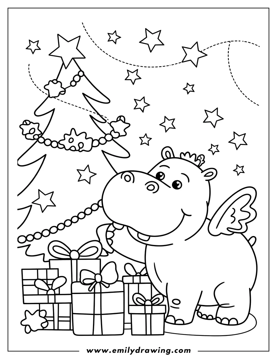 Outline of a hippo with small wings standing near a decorated Christmas tree and wrapped presents.