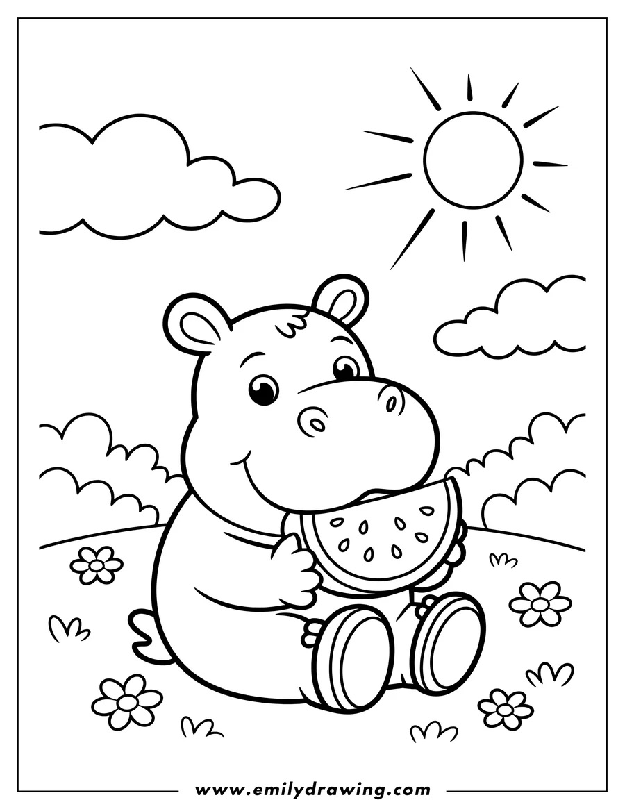 Outline of a hippopotamus sitting and eating a slice of watermelon in a sunny field with small flowers and bushes.