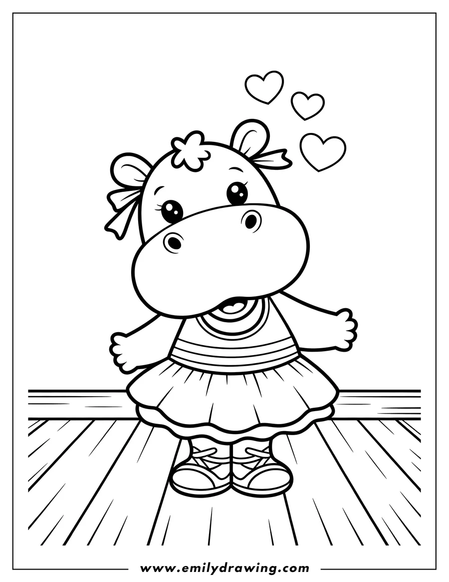 Outline of a hippo wearing a dress, shoes, and a hair bow. Hearts float around the hippo's head.