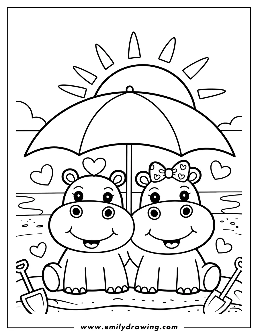 Outline of two hippos sitting on the beach under an umbrella. There are shovels and hearts around them.