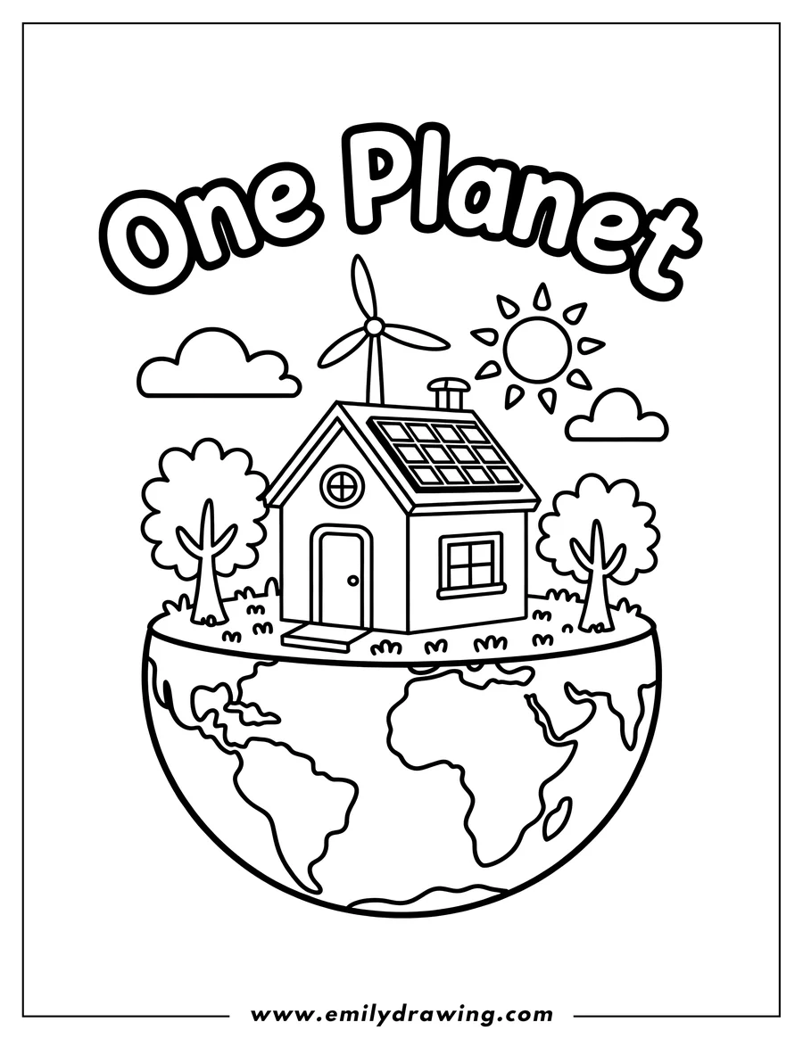 Outline of a small house on Earth with solar panels, a wind turbine, trees, clouds, and a sun.