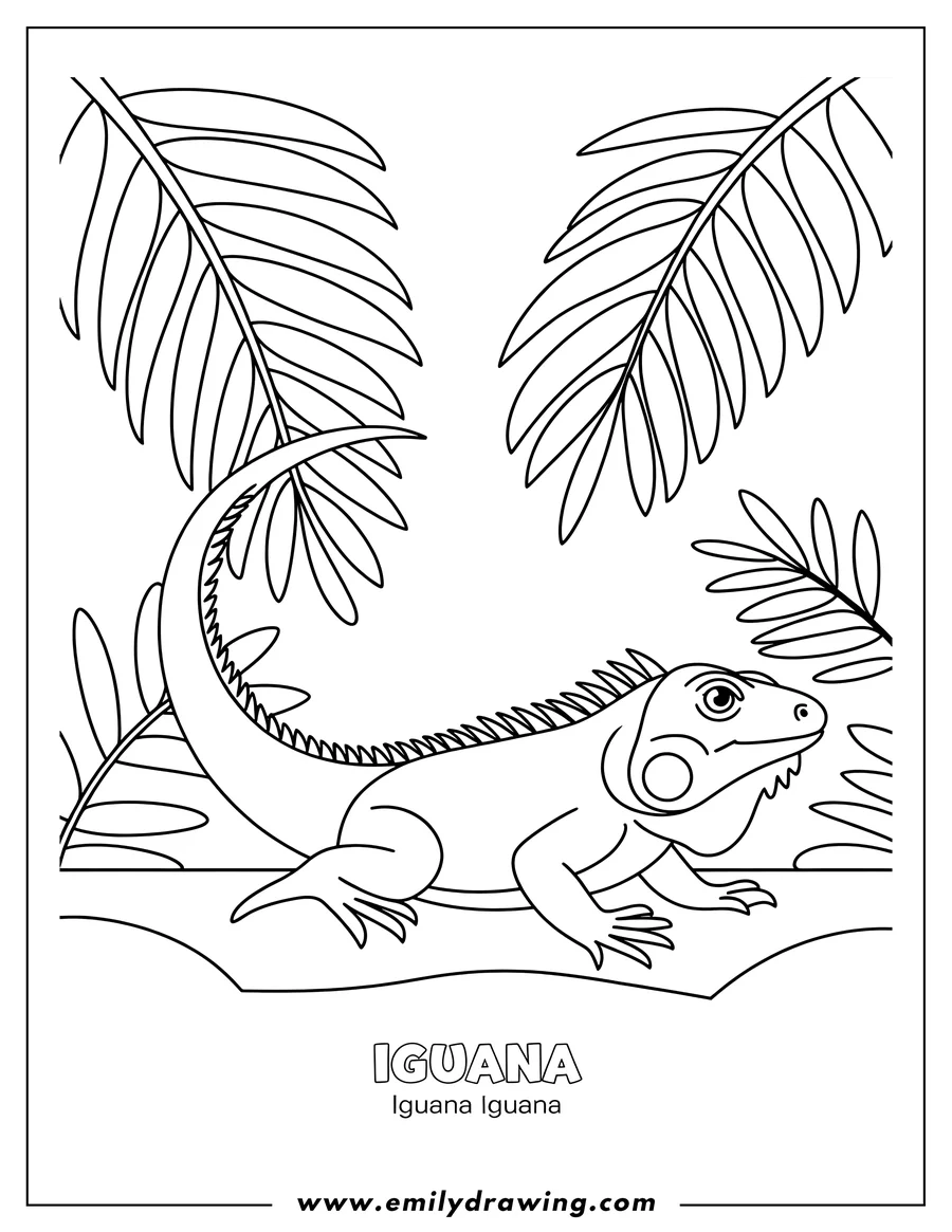 Outline of an iguana standing beneath palm leaves. It has a textured, spiky back.
