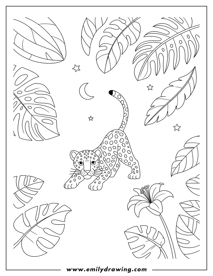 Outline of a playful jaguar cub under a crescent moon and stars.  Tropical leaves frame the scene.