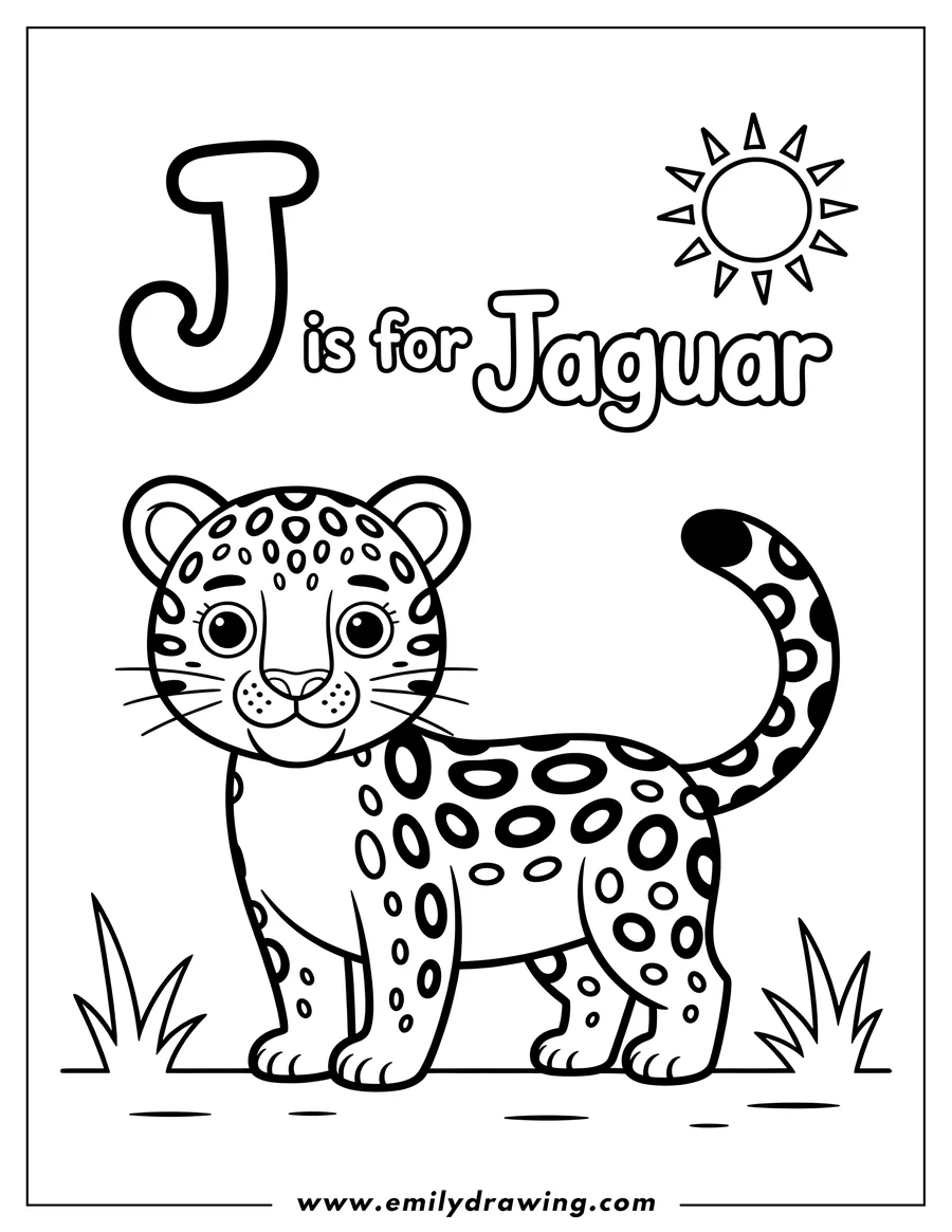 Line art of a jaguar with distinctive spots. The letter 'J' and the word 'Jaguar' are written above it.  The jaguar stands on a patch of ground with blades of grass on both sides. A stylized sun is depicted in the top right corner.