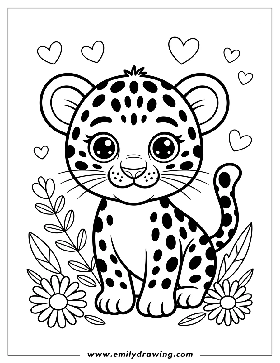 Outline of a baby jaguar sitting near daisies and leaves.  Floating hearts surround the cub.