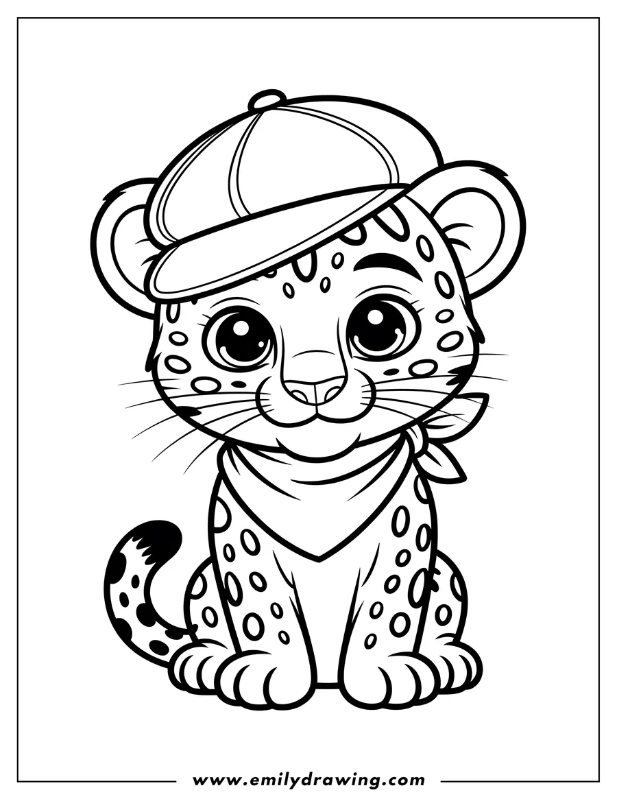 Outline of a jaguar cub wearing a baseball cap and bandana, sitting and looking forward.