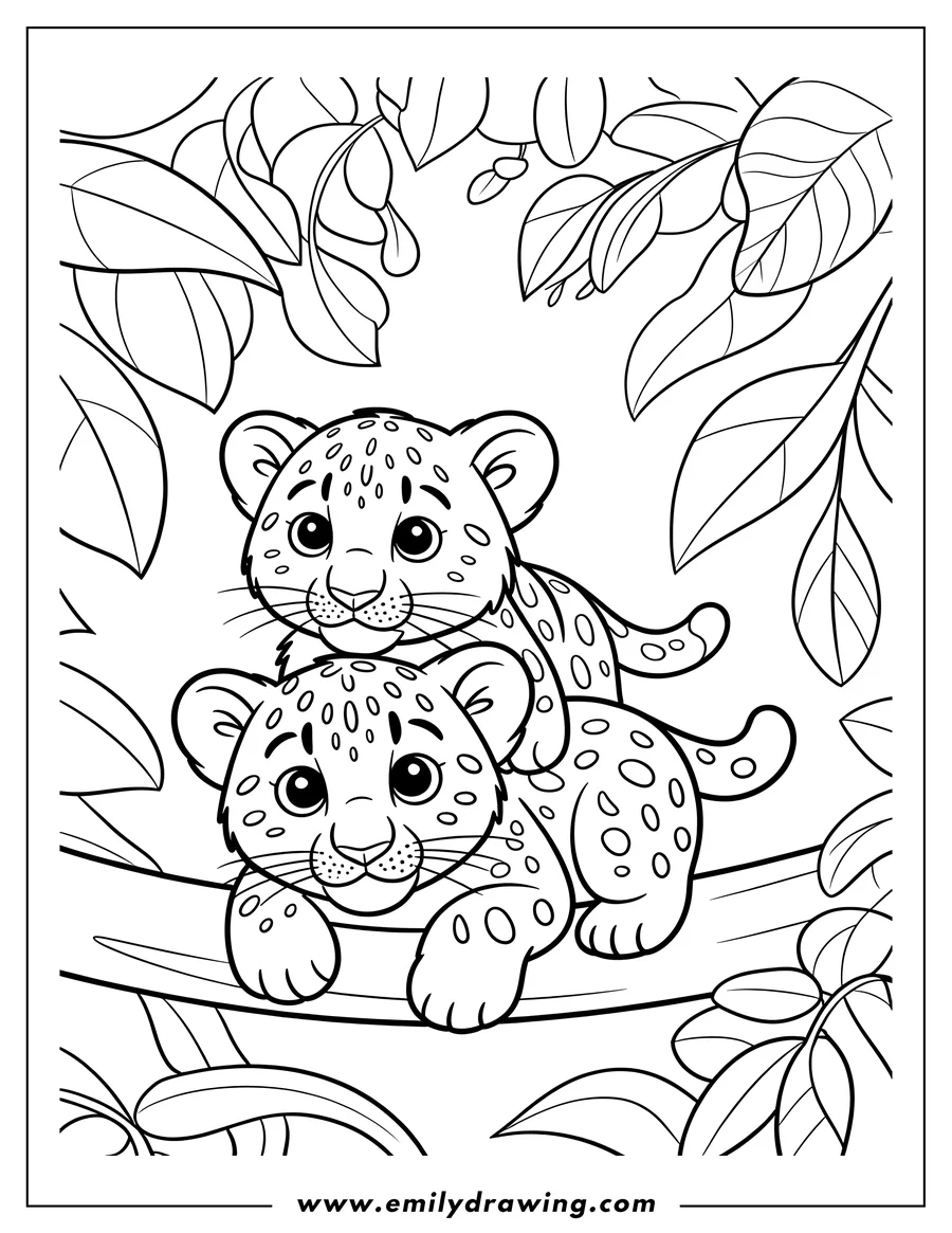 Two jaguar cubs resting on a tree branch, surrounded by leaves.