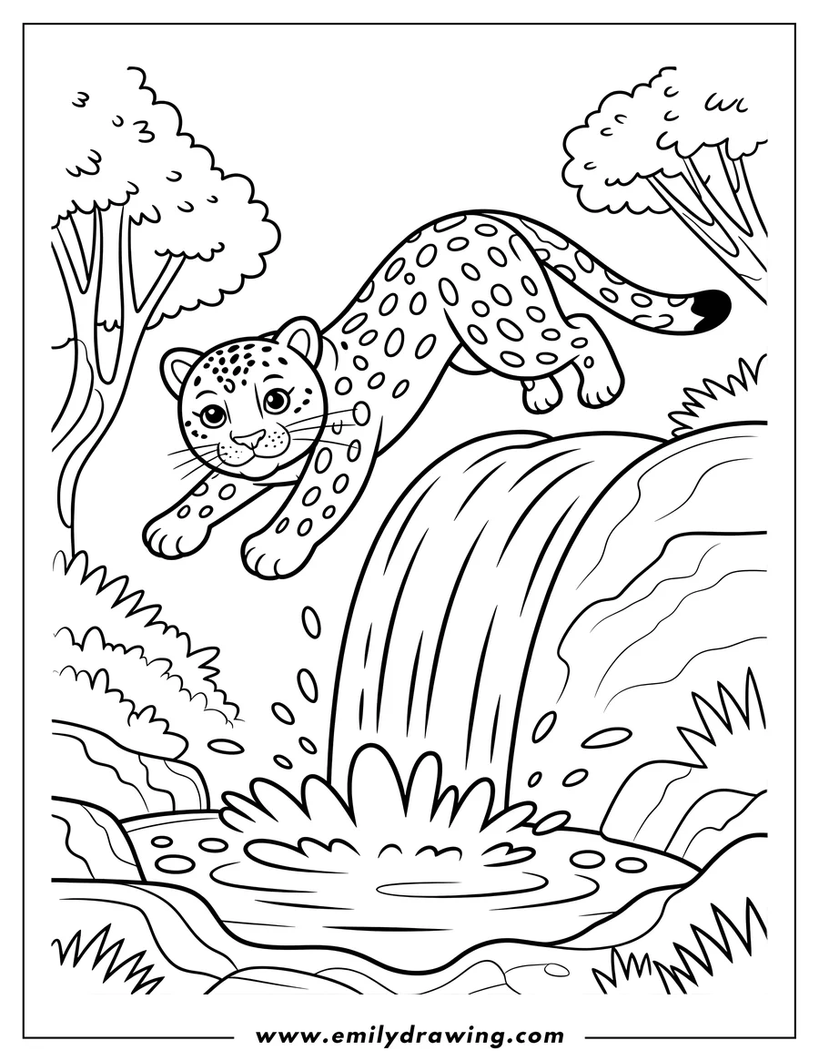 Outline of a jaguar leaping over a waterfall in a jungle setting.  Trees and foliage surround the scene.
