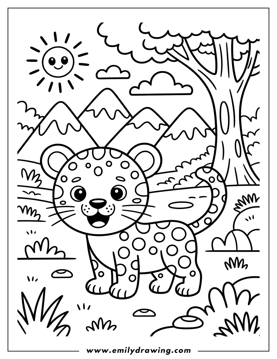 Outline of a baby jaguar standing near a tree.  Mountains are in the background.