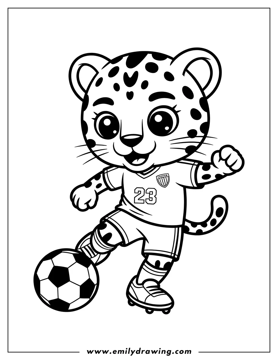 Line art of a jaguar wearing a soccer uniform and kicking a soccer ball.