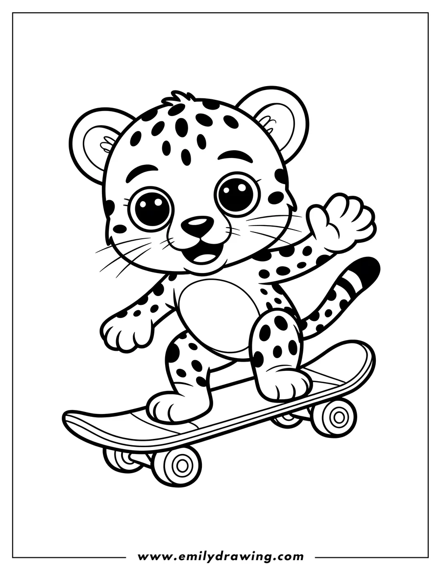 Outline of a young jaguar riding a skateboard.  It has large paws and a spotted coat.