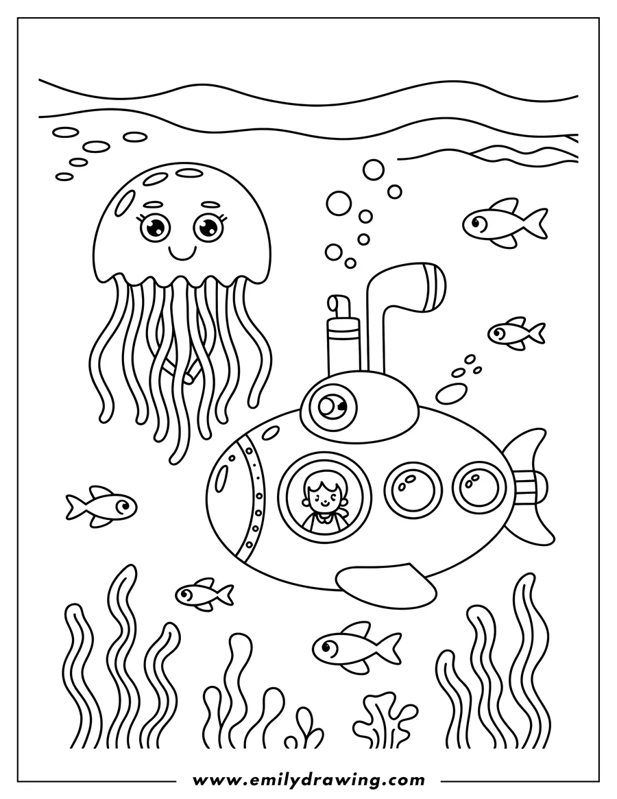 Outline of a jellyfish and a submarine with a girl inside, surrounded by small fish and seaweed.