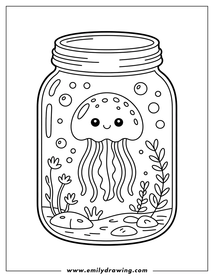 Outline of a jellyfish inside a jar with rocks, plants, and bubbles.