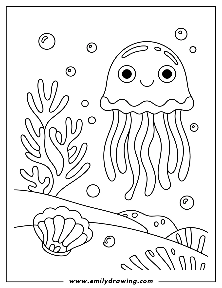 Outline of a jellyfish with a seashell on the seabed. Bubbles float around the jellyfish, and seaweed sways gently in the background. This is line art designed as a coloring page.