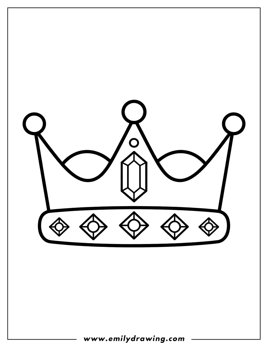 Simple line art of a jeweled crown, featuring a large central gem and smaller gems around the base.