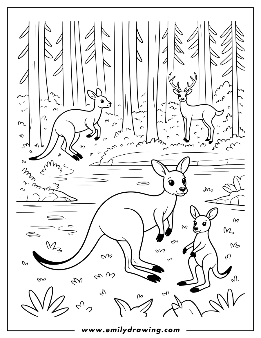 Outline of three kangaroos and a deer near a river in a forest setting.  A mother kangaroo and her joey are in the foreground, while another kangaroo and a deer are in the background.