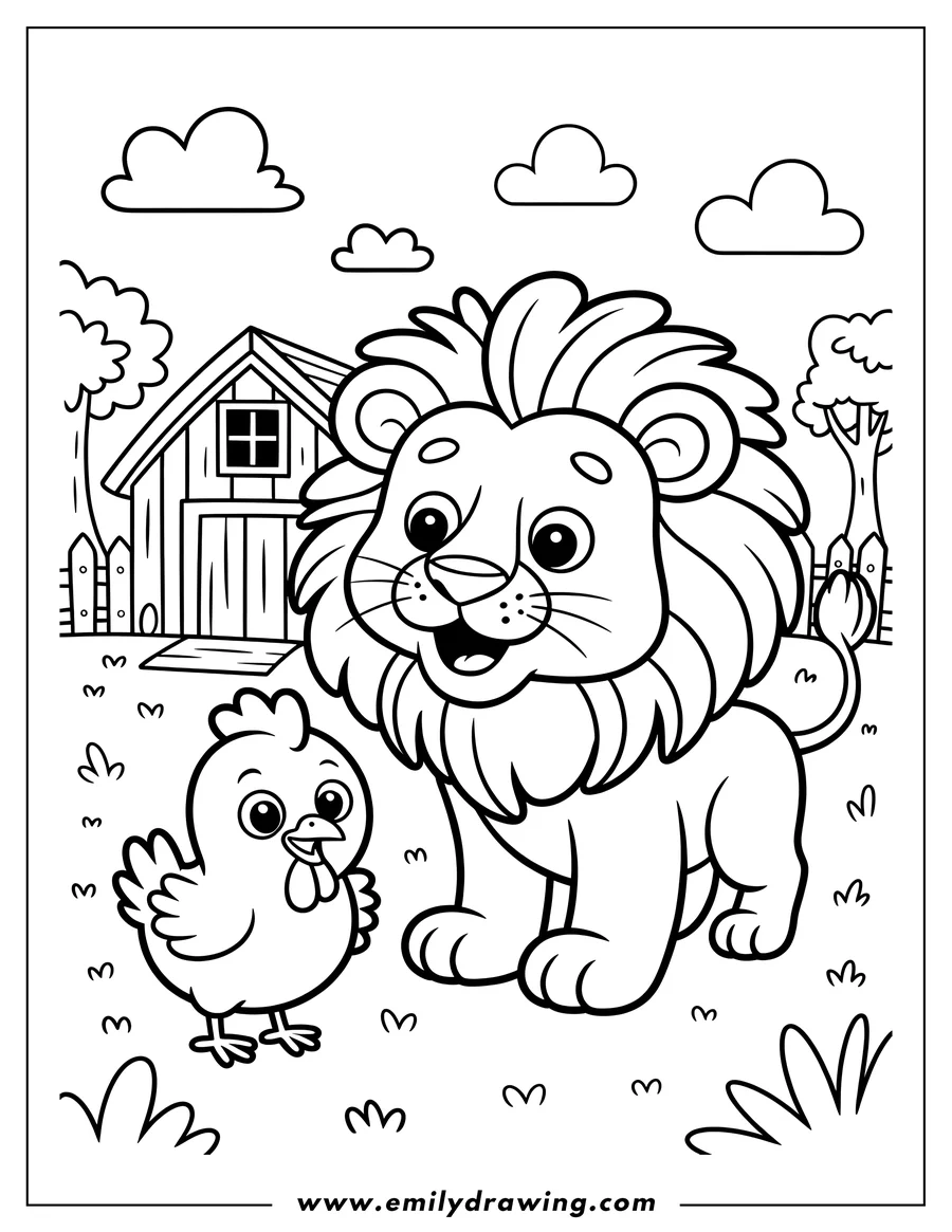 Outline of a lion cub and a chick standing on a farm near a barn.  Trees, grass, and clouds complete the friendly farm scene.