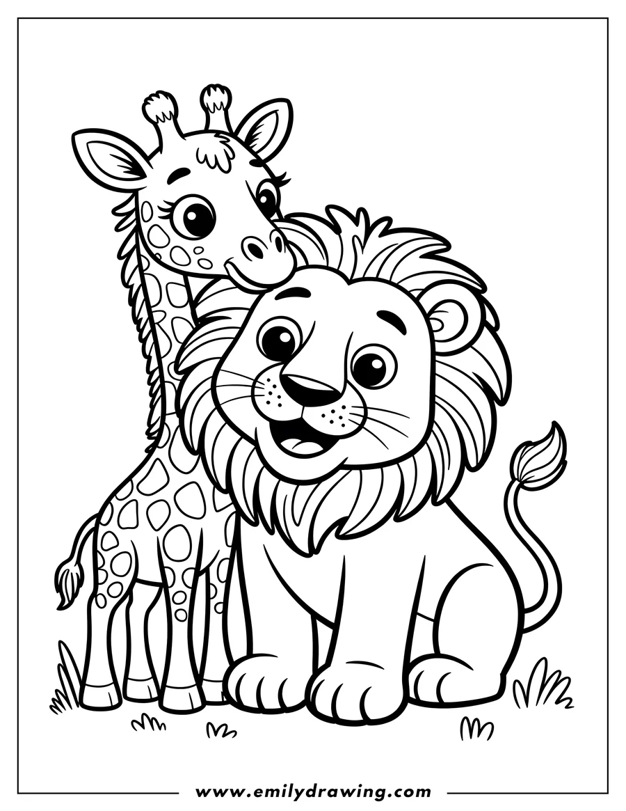 Outline of a lion and giraffe standing together.