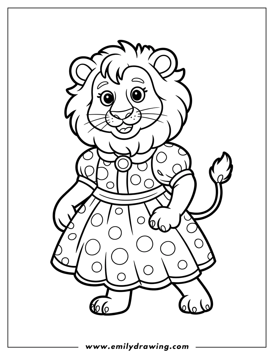 Outline of a lion wearing a polka dot dress.