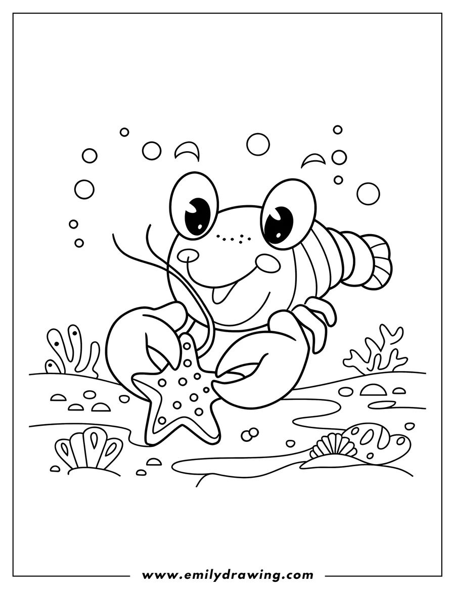 Line art of a lobster holding a starfish on the ocean floor.  Seaweed and shells surround them.