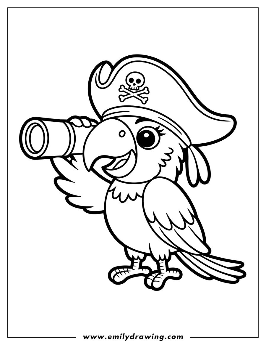 Line art of a macaw wearing a pirate hat and holding a spyglass.