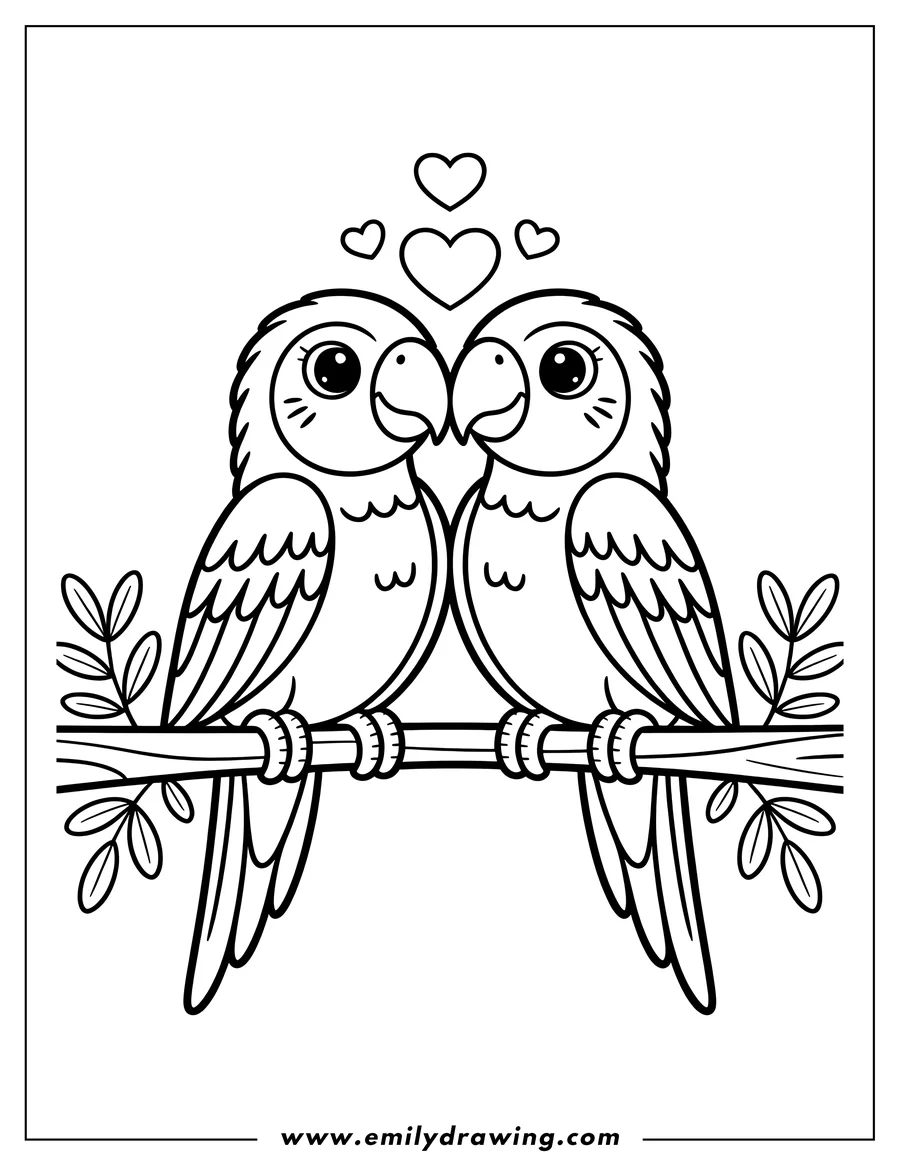 Outline of two macaws perched on a branch with leaves, gazing at each other with hearts floating above them.
