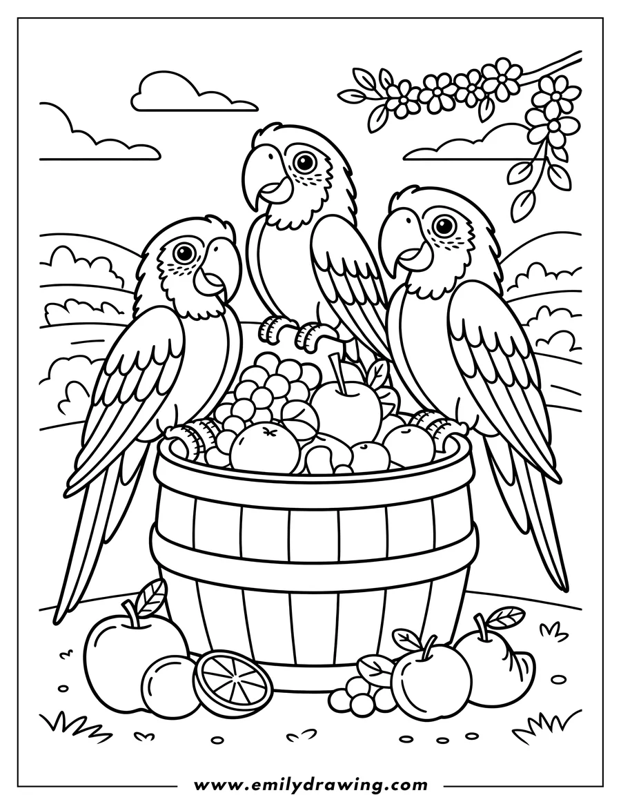 Line art of three macaws perched on and around a wooden basket filled with apples, oranges, and grapes.