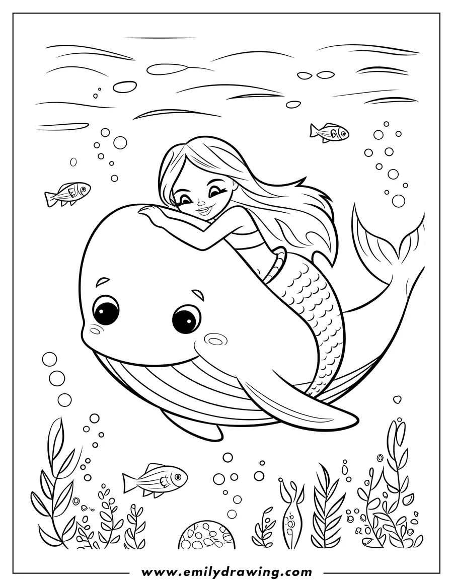 Line art of a mermaid hugging a whale underwater.  Small fish and seabed plants are visible around them.