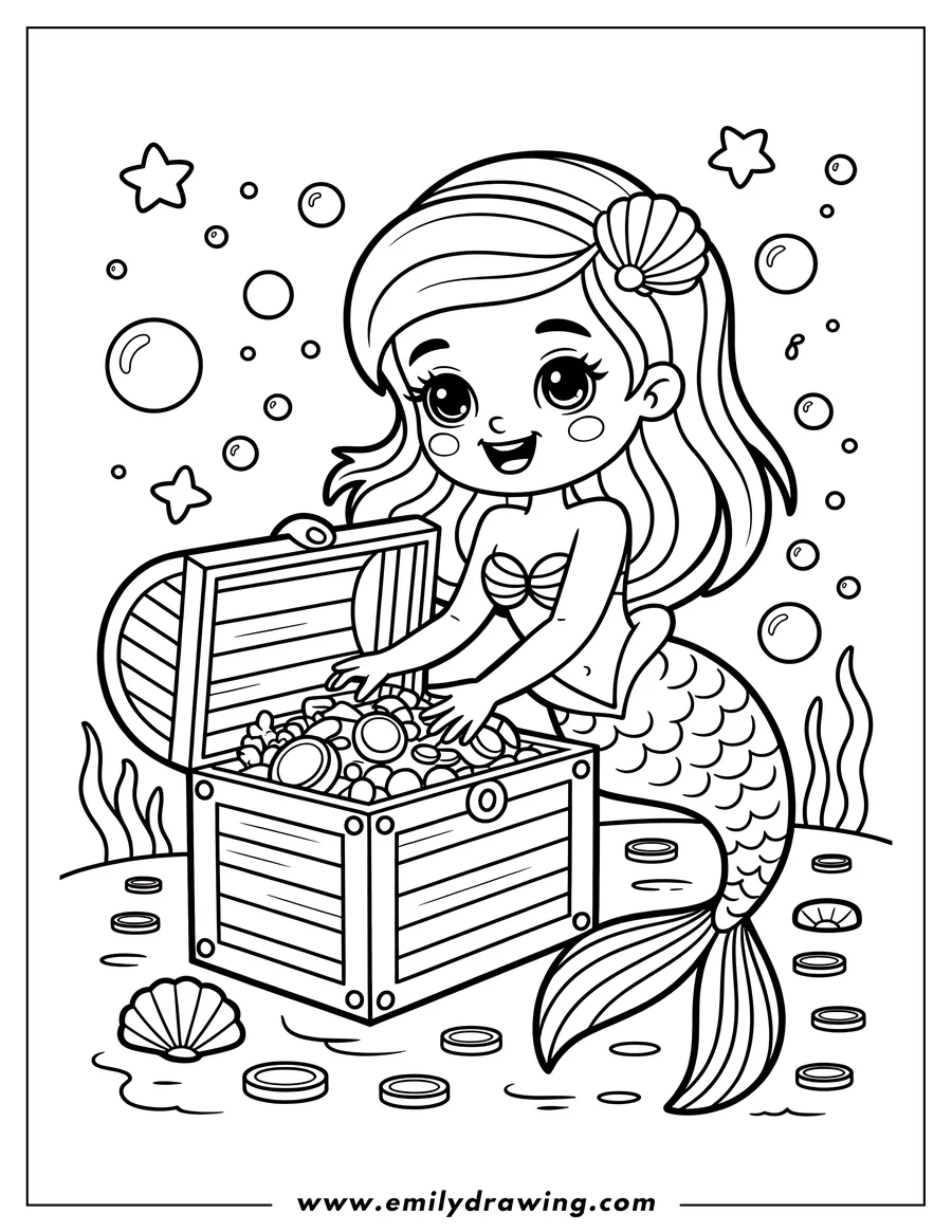 Line art of a mermaid with a seashell in her hair, happily looking into an open treasure chest filled with jewels and coins on the ocean floor.