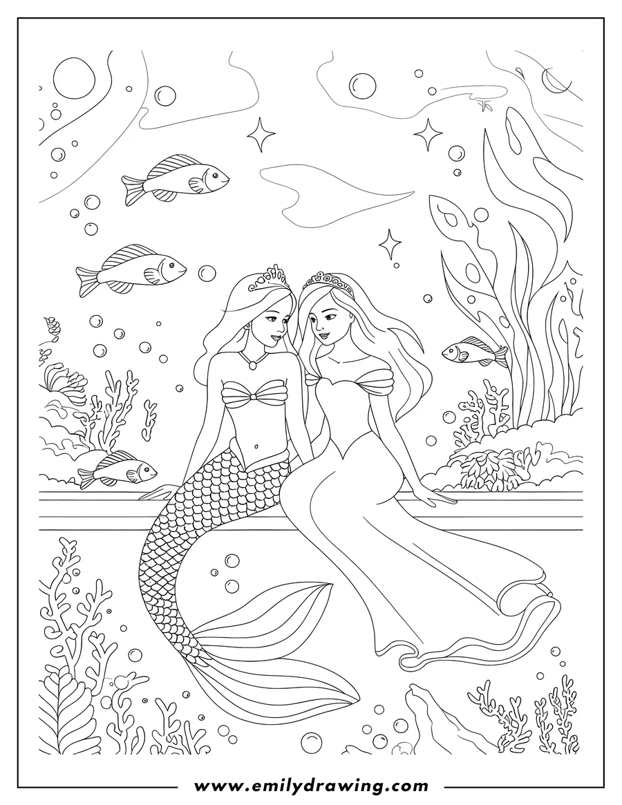Line art of two mermaids with crowns sitting on a coral reef, surrounded by fish, seaweed, and bubbles.