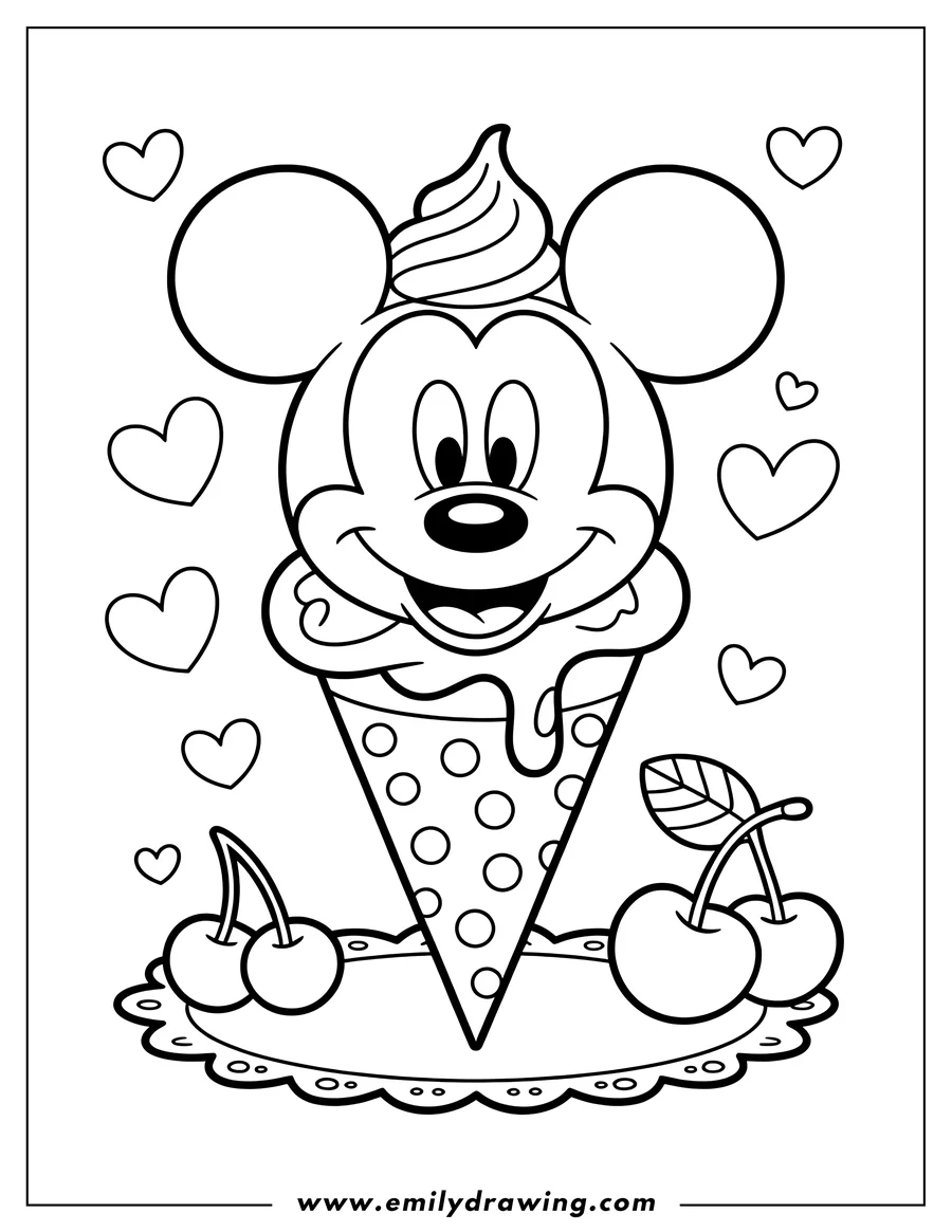 Outline of Mickey Mouse with a large melting ice cream cone and two cherries beside it.