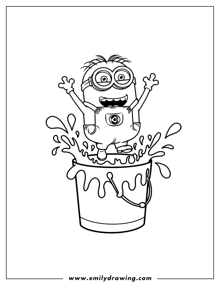 Line art of a minion jumping in a bucket, splashing water everywhere.
