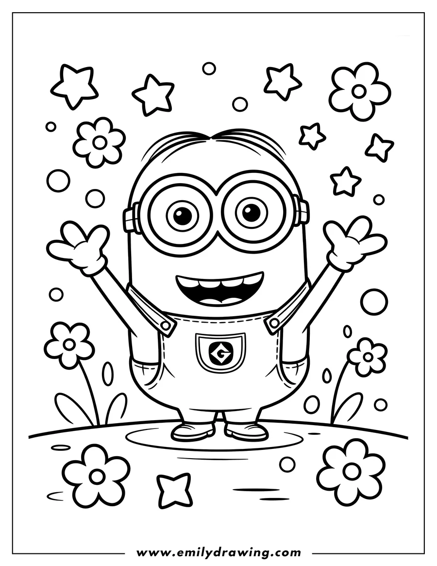Outline of a happy Minion waving, surrounded by stars and flowers.