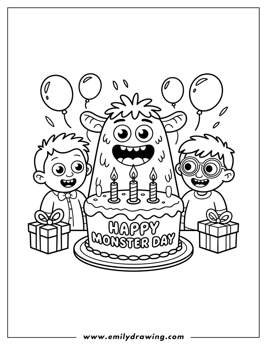 Outline of a friendly monster with a birthday cake and two boys holding presents. Balloons float above them.