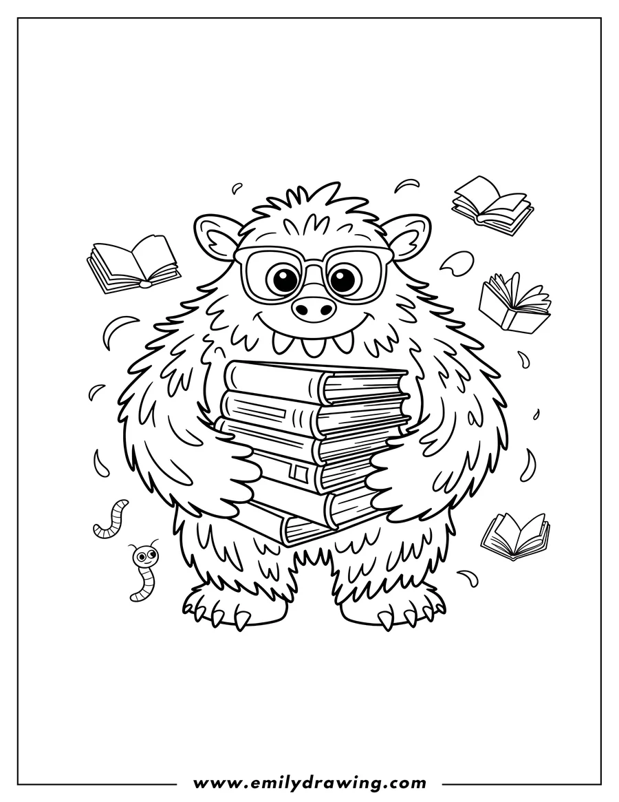 Line art of a friendly monster wearing glasses and holding a stack of books. Several other books and bookworms float around the monster.