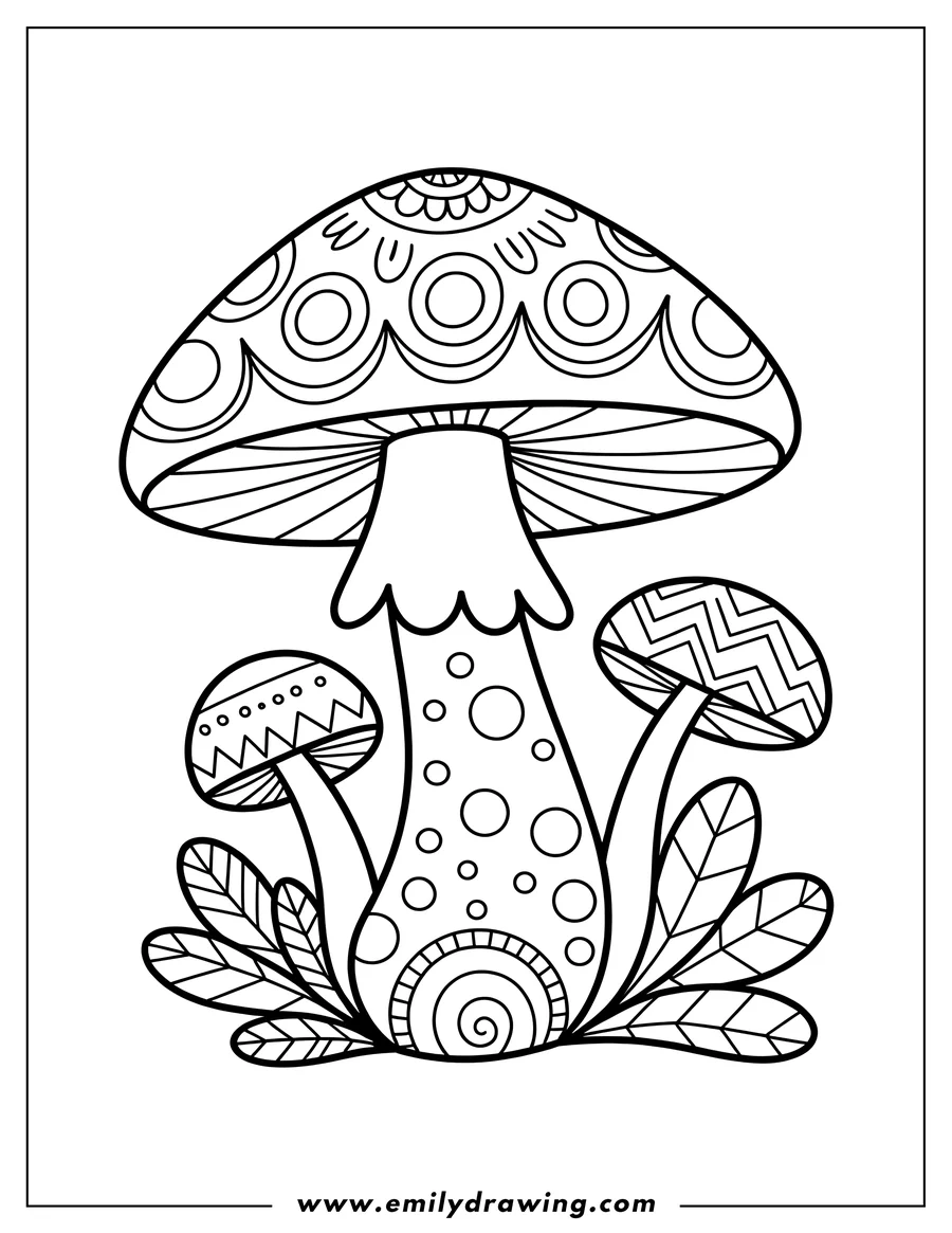 Outline of three decorative mushrooms with patterned caps and stems, surrounded by simple leaves at the base.