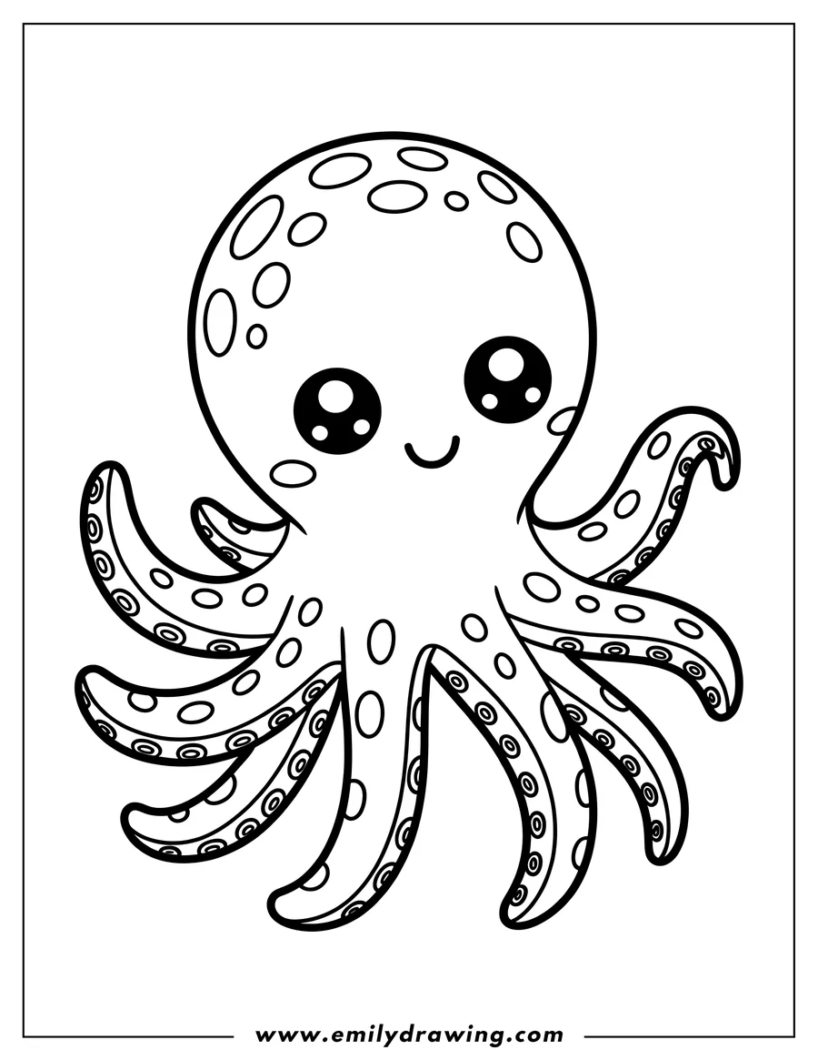 Outline of a cute octopus with large eyes and patterned tentacles.