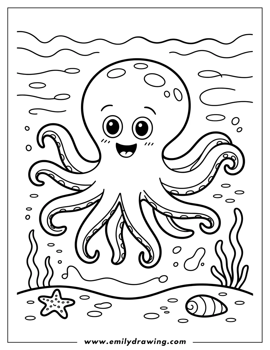Outline of a cheerful octopus on the seafloor, near a starfish and seashell.
